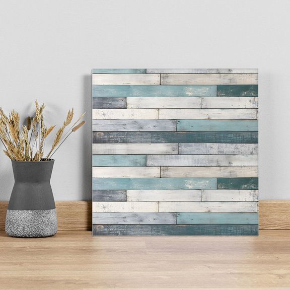 Turquoise Grey Wooden Wall Art Painting on Canvas, Farmhouse Teal Wood Canvas Art Home Prints Wall Art Framed Modern Artwork for Living Room Bedroom Wall Decor 16x16in