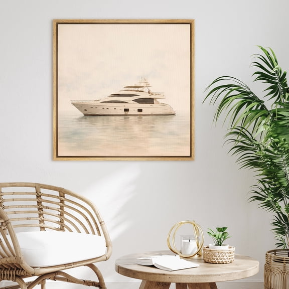 Framed Canvas Wall Art Luxury Yacht Seascape Print for Living Room Decoration - 16"x16" NATURAL
