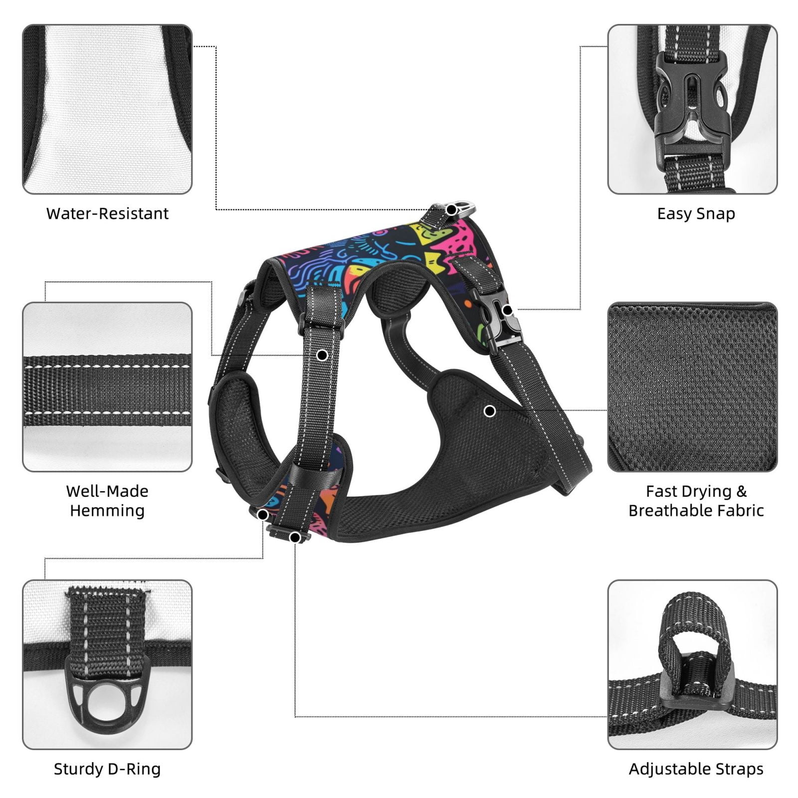 Naloa Neon Graffiti Urban Art Dog Harness, Pet Harness Vest with Traction Rope, Dog Vest for Outdoor, Walking - {sizeName}-Small