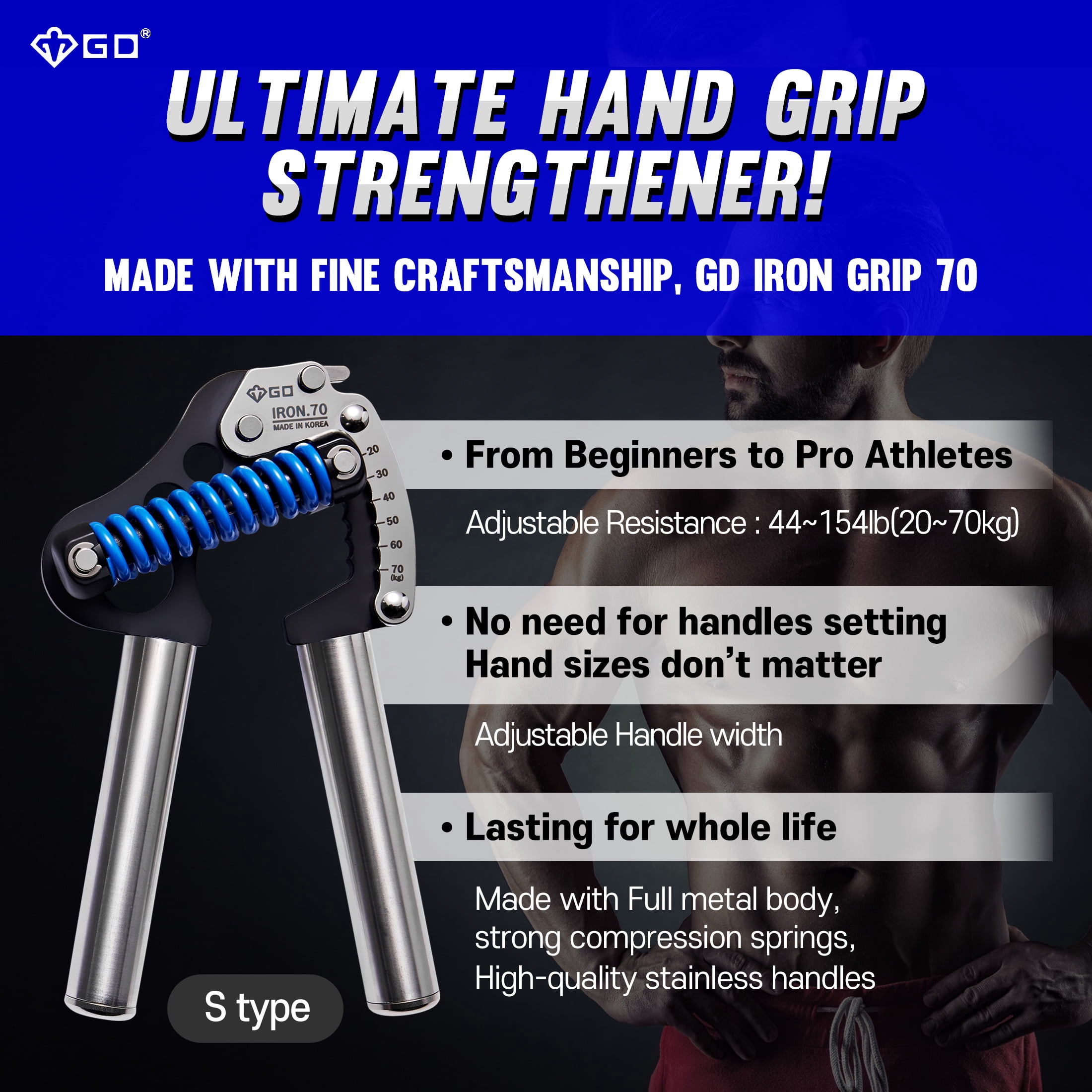 GD IRON GRIP 70(S) Adjustable Hand Grip Strengthener, 44~154lbs Grip Strength Trainer Premium Forearm Strengthener Hand Gripper for Grip Strength