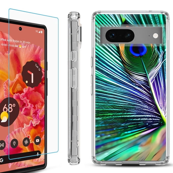 OneToughShield ® for Google Pixel 7a Shockproof Bumper Phone Case, with Tempered Glass Screen Protector - Peacock Feather