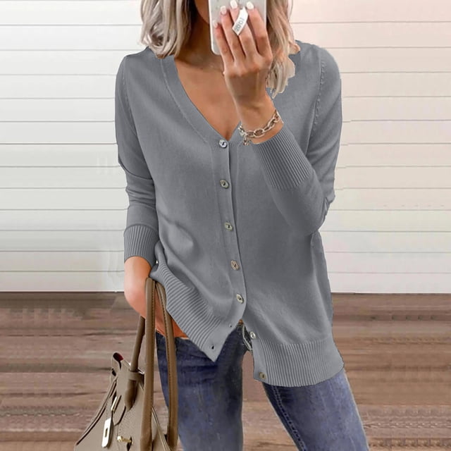 Japceit Cardigan en Tricot Doux Classique pour Femmes à Boutons, Manches Longues, Col en V