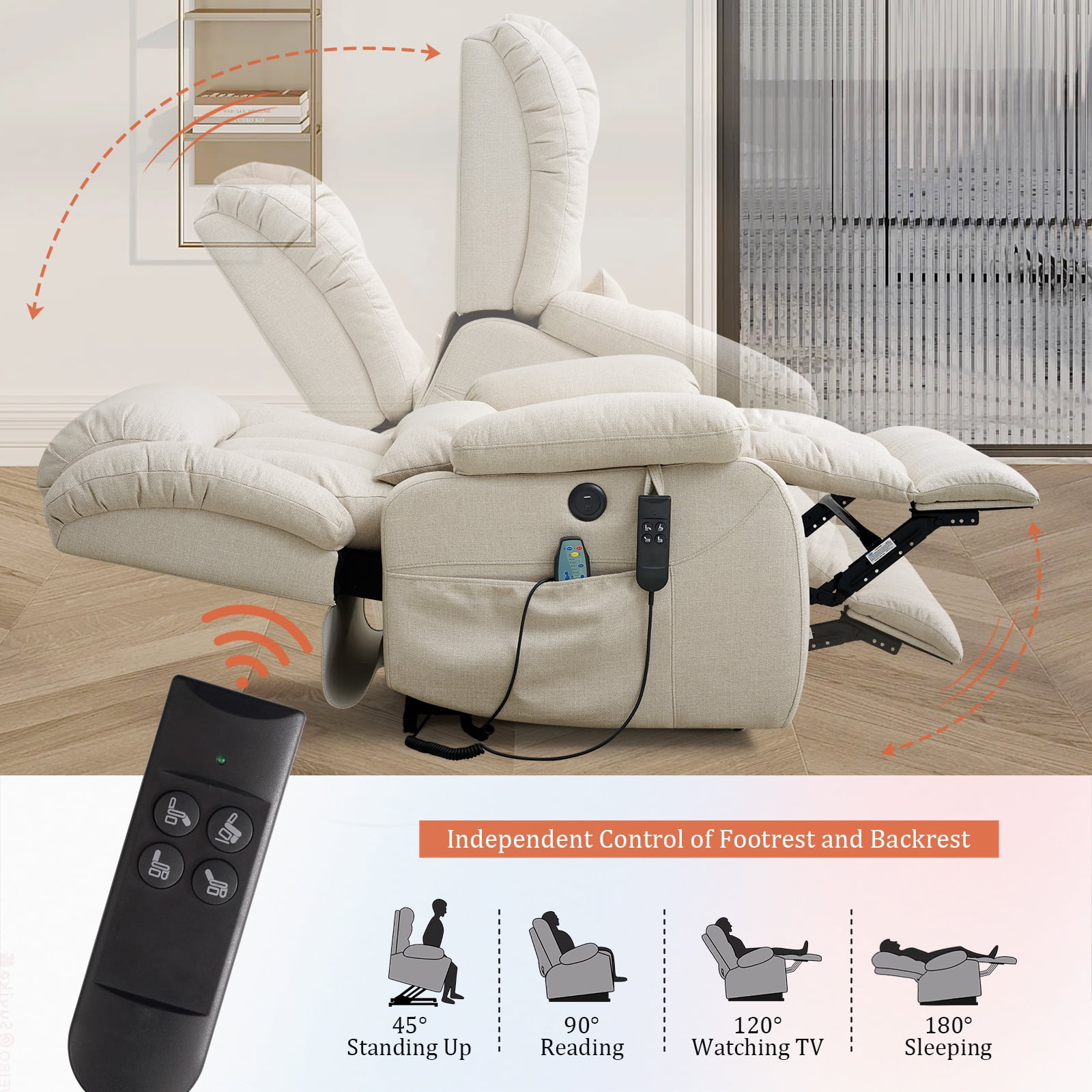 TEKAMON Infinite Position Lift Recliner Chair for Elderly with Heat and Massage Lay Flat Sleeping Power Lift Chair, Linen Fabric, Beige