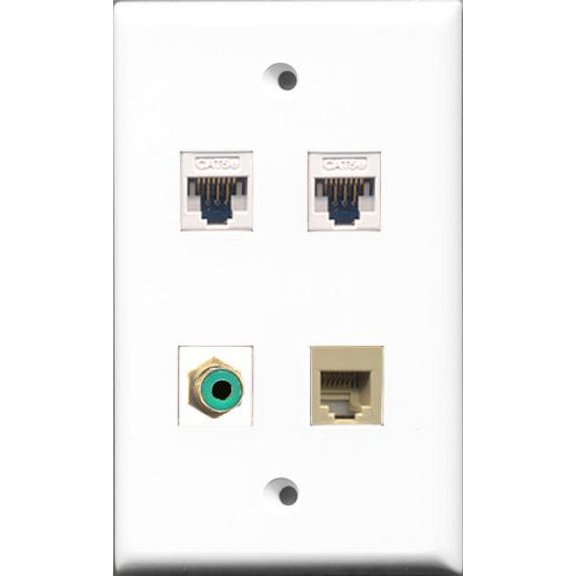 RiteAV - 1 Port RCA Green and 1 Port Phone RJ11 RJ12 Beige 2 Port Cat5e Ethernet White Wall Plate