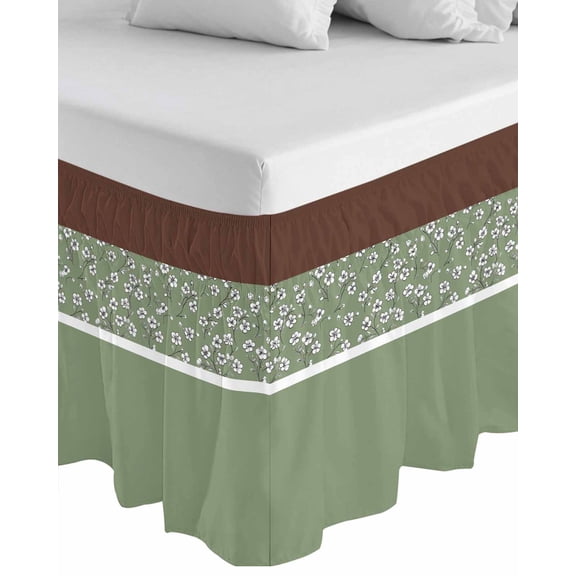 Sage Green Brown Flowers Wrap Around Bed Skirts for King Bed 18" Drop,Bed Skirt with Adjustable Elastic Belt Dust Ruffle Bed Valance for Bedroom Hotel Classic Botanical Art Elegant Bed Frame Cover