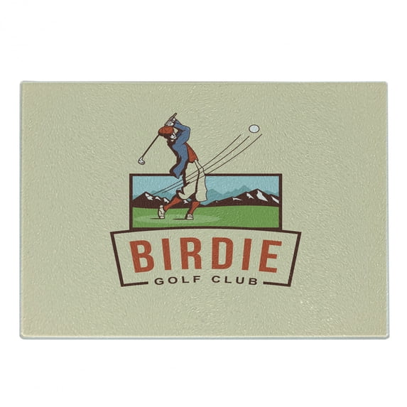 Golf Cutting Board, Birdie Golf Club Advertisement Retro Poster Graphic Player Sports Entertaining, Decorative Tempered Glass Cutting and Serving Board, in 3 Sizes, by Ambesonne