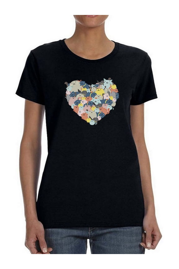 Chibi Cat Heart Shaped Bunch Women T-Shirt, Female Large