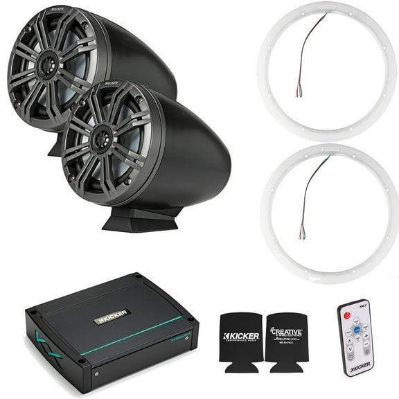 Kicker KMFC65 6.5" Flat Mount Charcoal Tower Speakers (pair) with LED Rings, KXM4002 Marine Amplifier