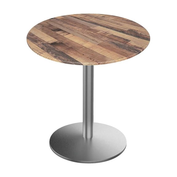 Indoor/Outdoor 30" Tall OD214 Stainless Steel Table Base with 22" Diameter foot and 32" Diameter Indoor/Outdoor Rustic Top by the Holland Bar Stool Co.