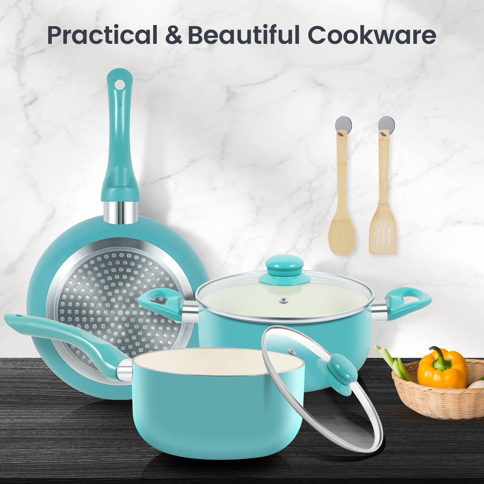 M MELENTA Pots and Pans Set Non Stick, 7 Piece Induction Cookware Set, Pots and Pans with Stay Cool Handle,  Turquoise