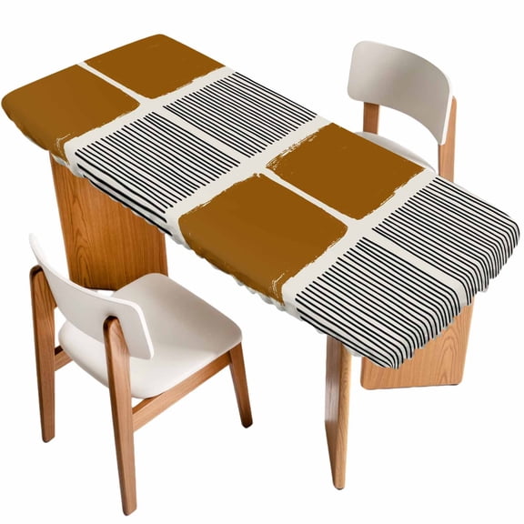 Brown Table Cloths for 8 Foot Rectangle Tables, Modern Painting Farmhouse Striped Abstract Art Patio Waterproof Elastic Fitted Tablecloths, Washable Rectangular Table Cover for Camping