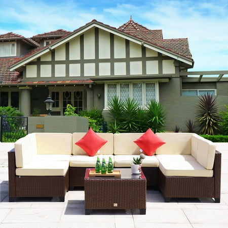 2 Pc Sectional Cloud Mountain 5 /6 /7 Piece Outdoor Rattan Wicker Furniture Set Backyard Sectional Sofa Patio Garden Conversation Chair And Table ()