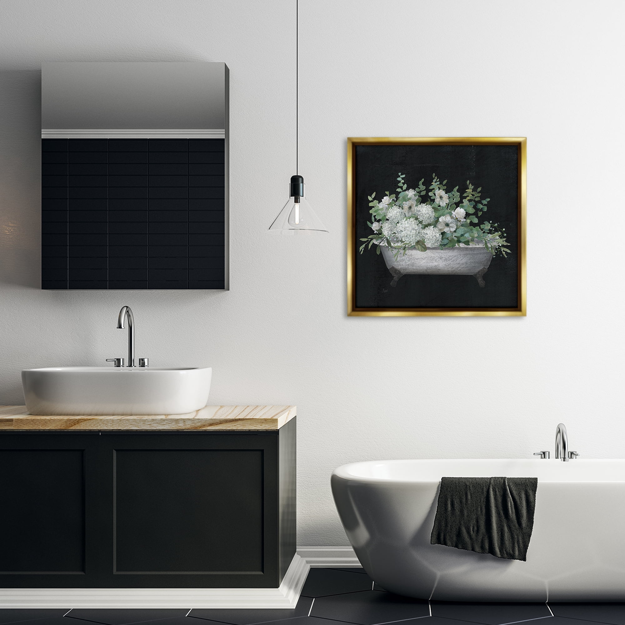 Stupell Industries Floral Bath on Black Typography Painting Gold Floater Framed Canvas Art Print Wall Art, 25 x 25