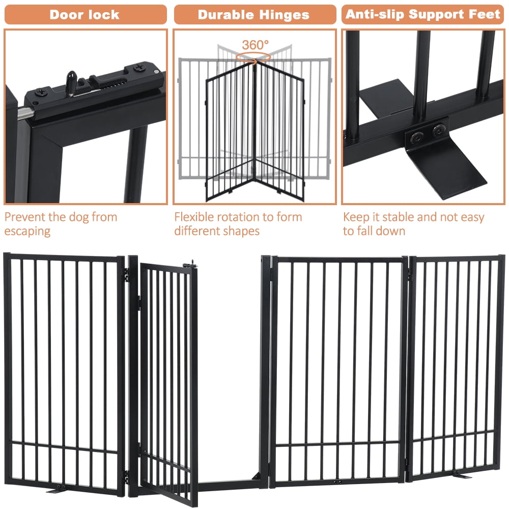 SMONTER Free Standing Dog Gate with Door Walk Through, 80.5'' Extra Wide Indoor Dog Fence, 31.5'' Height 4 Panels Foldable Metal Pet Puppy Gate for Stairs, Hallways, Doorway