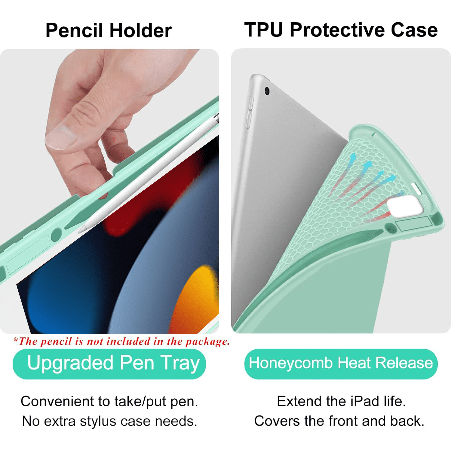 iPad 7th/8th/9th Generation Case with Keyboard 10.2-inch 2019/2020/2021, iPad Air 3rd/Pro 10.5-inch 2017 Compatible, 7 Color Backlit Keyboard BT/Wireless/Detachable with Pencil holder (Mint Green)