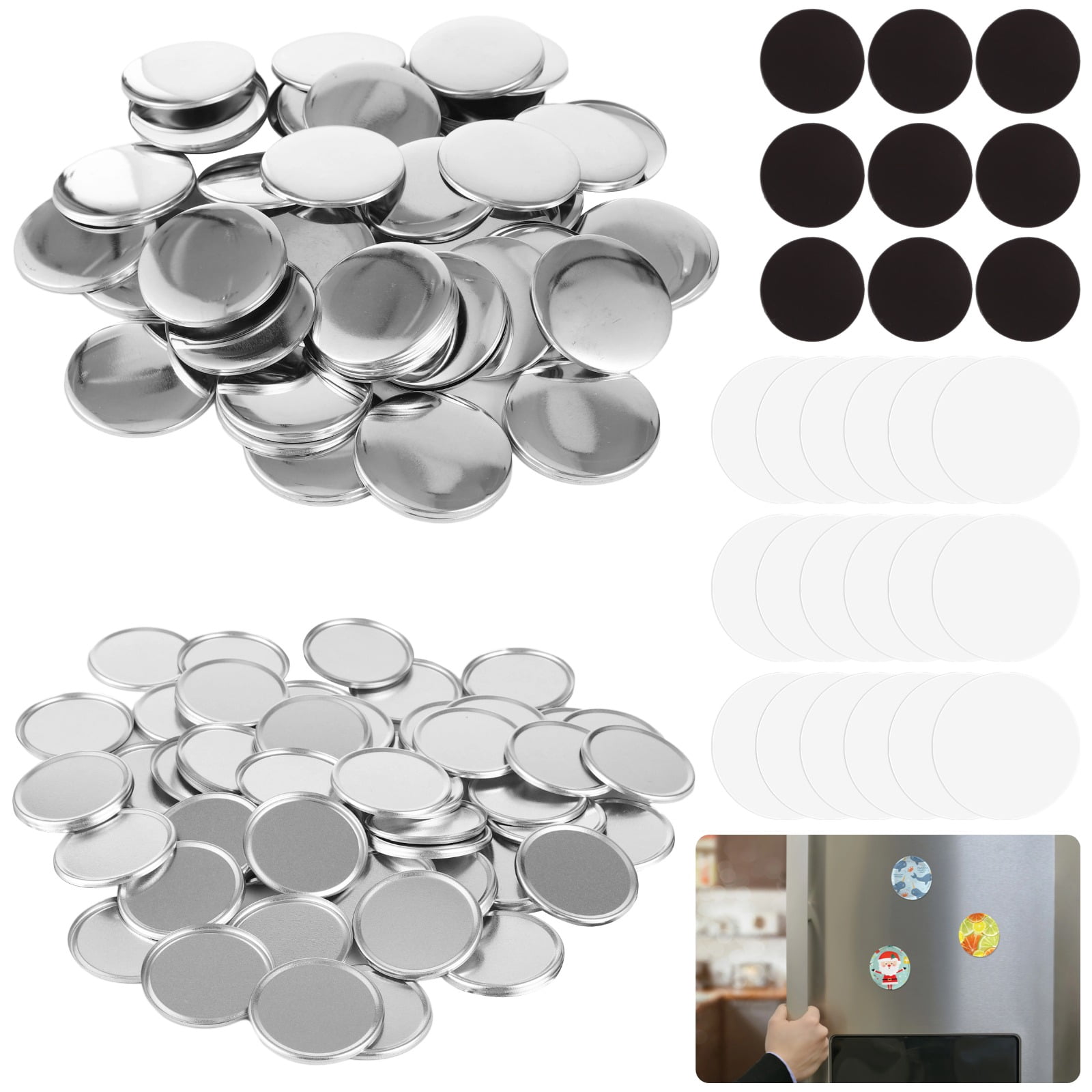 100 Sets 58mm Round Button Parts, Fridge Button Maker Machine Supplies, Button Parts Supplies for DIY Crafts Presents, Includes Frosted Covers, Adsorptive Sheets, Clear Protective Films
