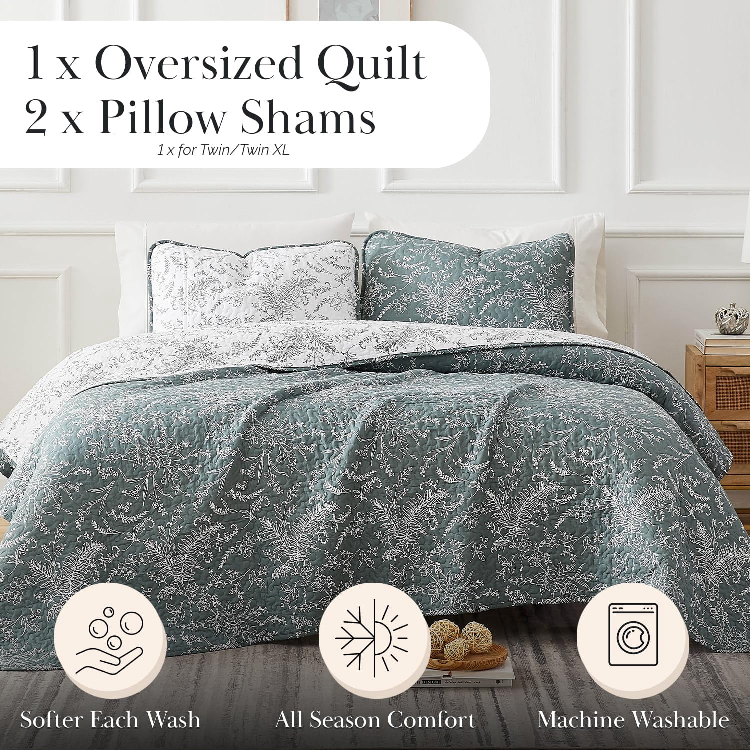 Elegant and Chic Lightweight Reversible Winter Brush Floral Patterned Quilt Set by Southshore Fine Linens