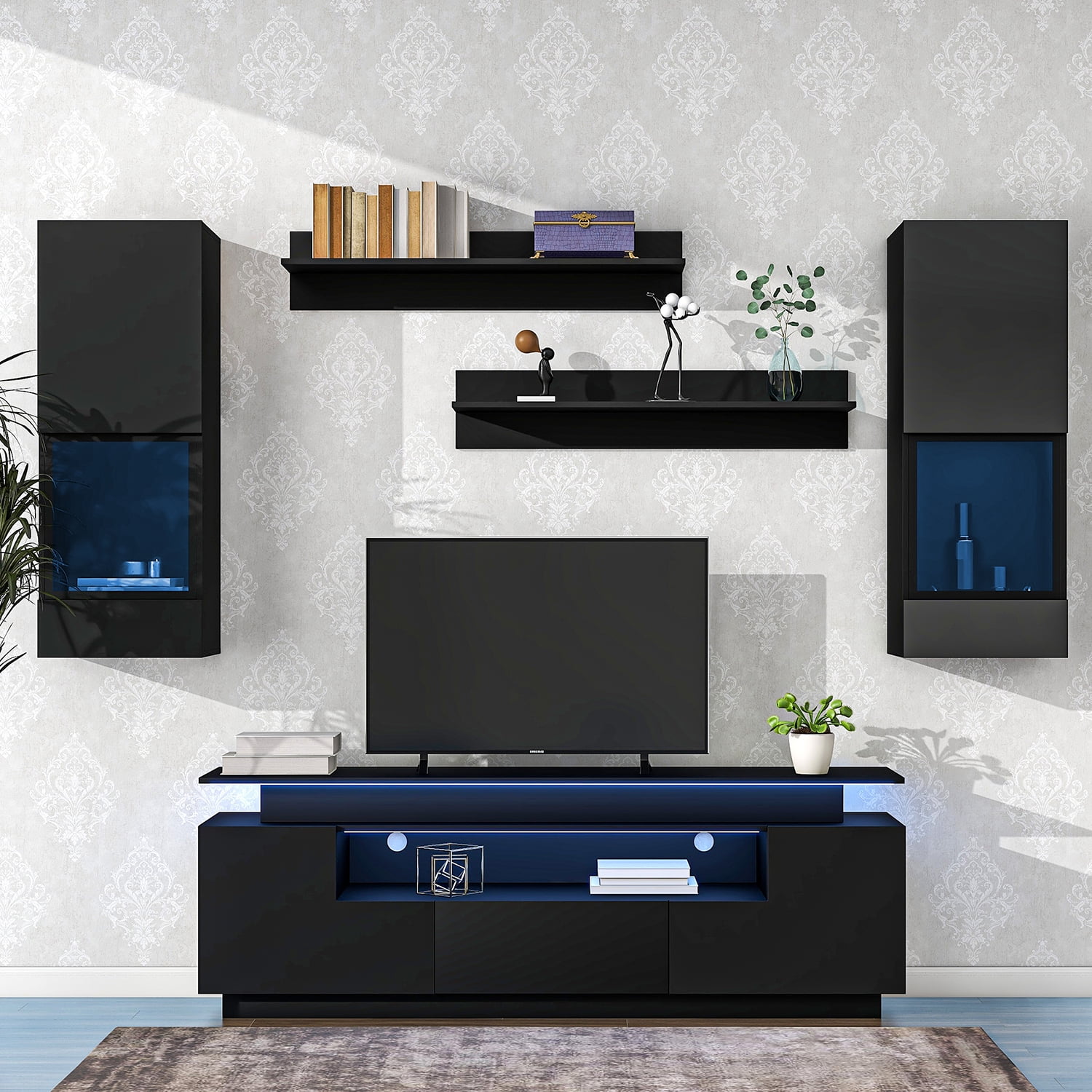 Kadyn 5 Pieces Floating TV Cabinet Set, High Gloss Wall Mounted Entertainment Center with 16-color LED Light, TV Stand Console for 75+ inch TV, Black Kadyn 5 Pieces Floating TV Cabinet Set, High Gloss Wall Mounted Entertainment Center with 16-color LED Light, TV Stand Console for 75+ inch TV, Black