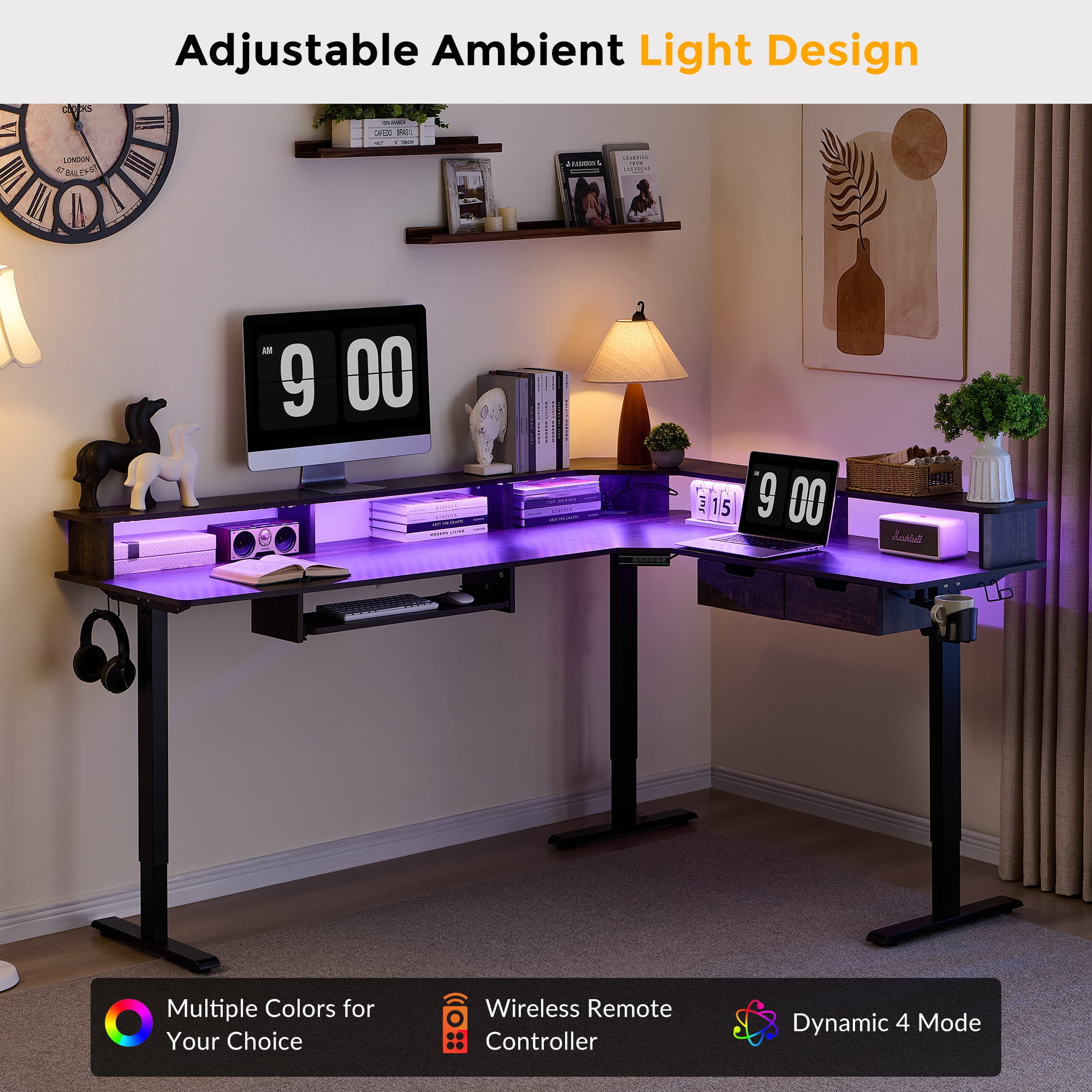 KeyWhat 70" L Shaped Standing Desk, Electric Height Adjustable Computer Desk with Shelves & Keyboard Tray & LED Strip & Power Outlets, Dark Rustic Oak