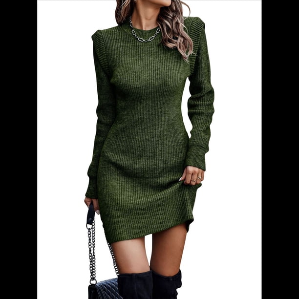 Suéter Corto Elegante de Larga con Cuello Redondo para Mujer, Ajustado, Elegante, para Otoño e Invierno, Minivestido de Punto Verde L