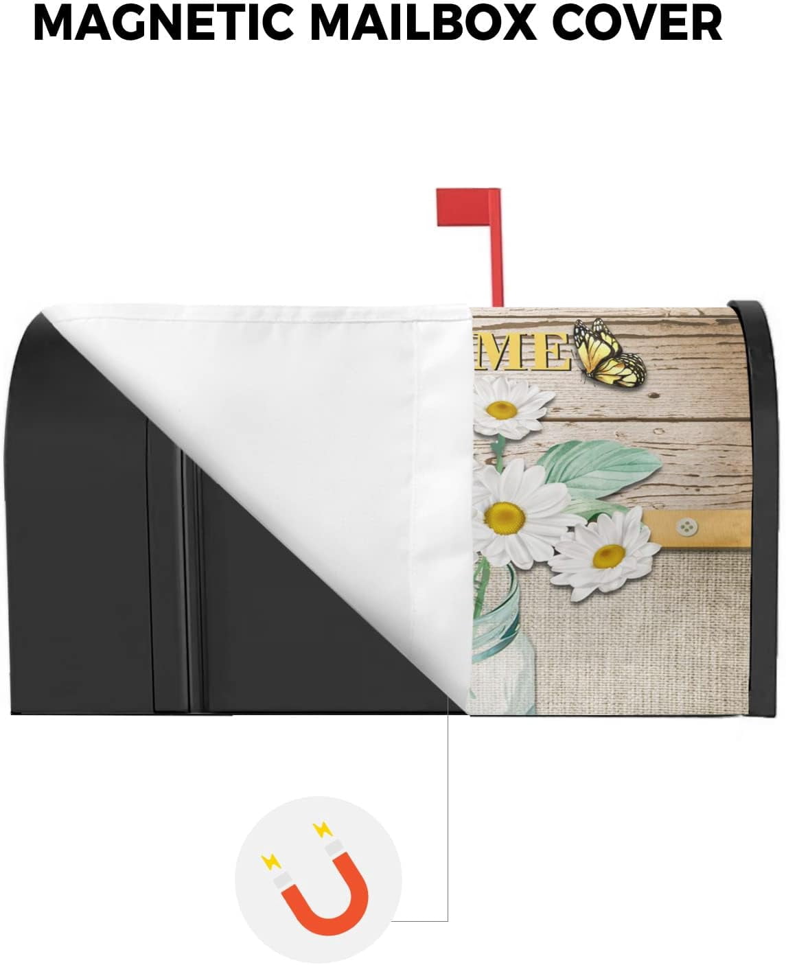 Mailbox Cover, Daisy and Butterfly Wooden Board Cotton Linen Texture Mailbox Wrap Magnetic Mailbox Covers for Garden Yard Outdoor Decoration,Farmhouse Mailbox Post Box Cover Wraps Large Size 21"x25.5"
