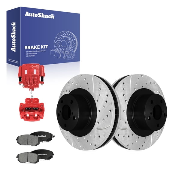 AutoShack Front Brake Rotors, Ceramic Pads & Red Calipers for Subaru, Forester 2003-2008 Outback 2002-2005, AWD H4 2.5L H6 3.0L - E-Coated Drilled & Slotted - ShadowGuard - 11.55" (293.4 mm), 5-Lug