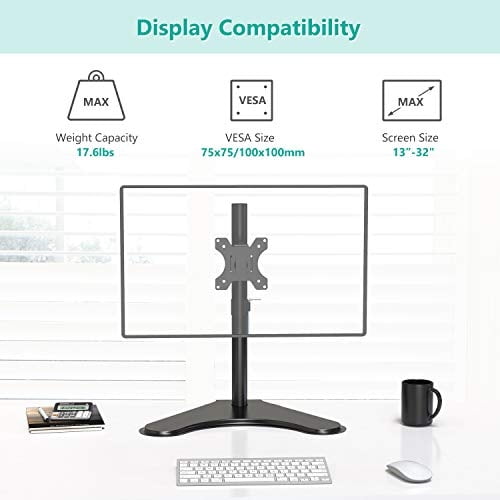 Wali Single Monitor Stand, Stand Free Standing Stand con Vesa 75 a 100, el montaje totalmente ajustable se ajusta a una pantalla de hasta 32 pulgadas (MF001), negro