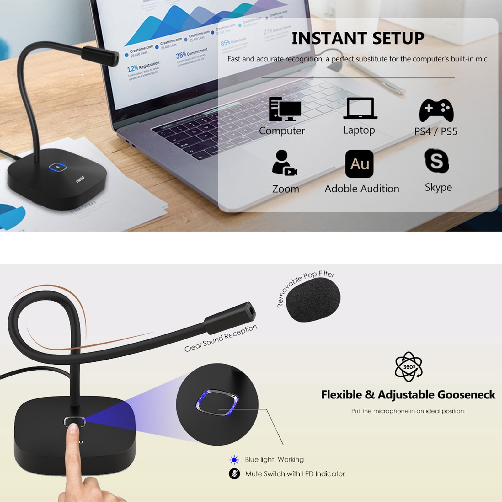 MillSO USB Computer Microphone with Mute Button 360 Degree Adjustable Gooseneck Plug&Play Omnidirectional External Microphone for Laptop, PC, 4.6FT