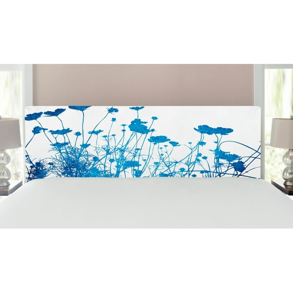 Abstract Headboard, Silhouette of Summer Wildflowers Blooms Grass Garden Foliage Illustration, Upholstered Decorative Metal Bed Headboard with Memory Foam, King Size, White Blue, by Ambesonne
