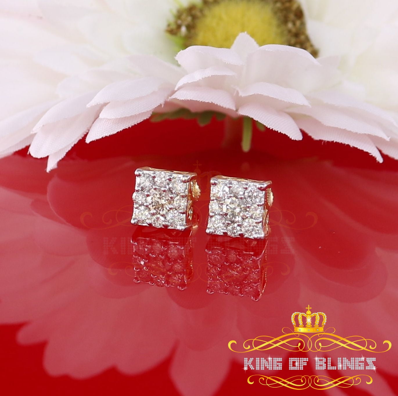 King of Bling's 10K Real Yellow Gold with 1.00CT Real Diamond Men's/Women's Stud Square Earrings