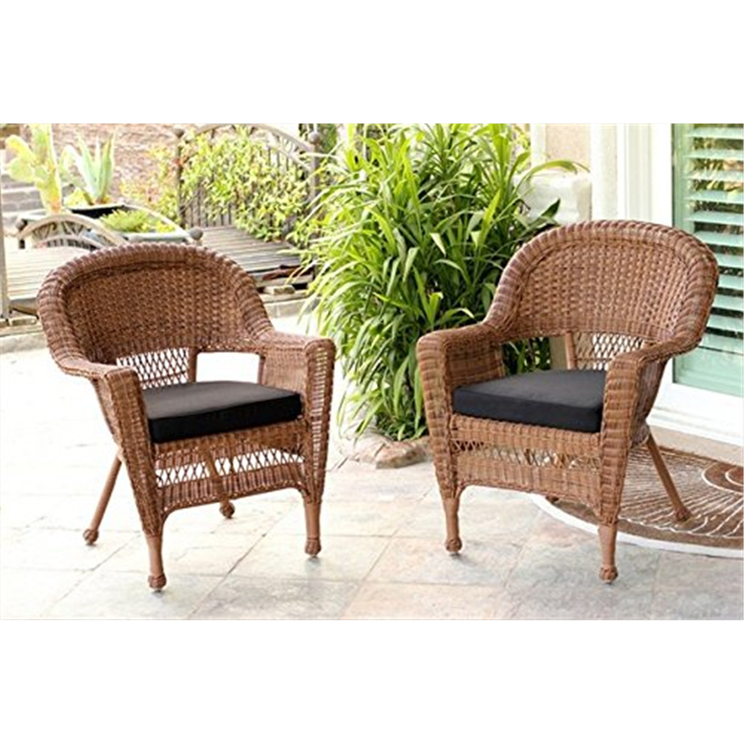 Honey Rocker Wicker Chair with Black Cushion Set of 2