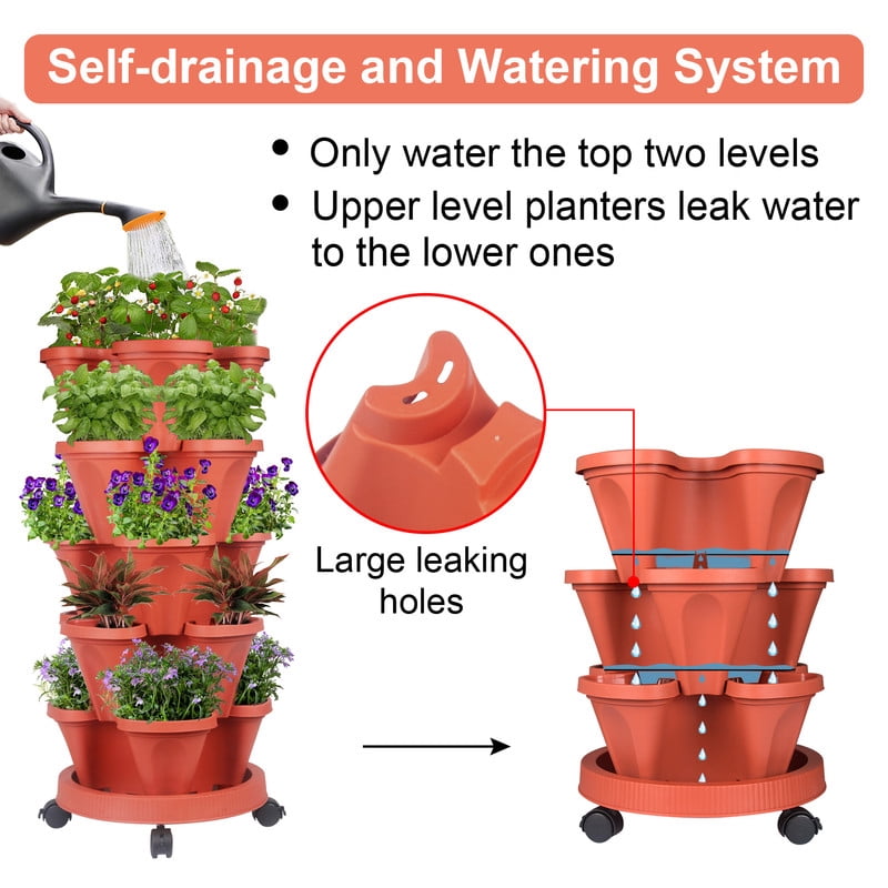 DUNCHATY 5 Tier Stackable Growing System for Strawberries and Herbs, High-Capacity Vertical Planter Tower, Outdoor Raised Garden Bed Alternative with Drainage Holes (Red)