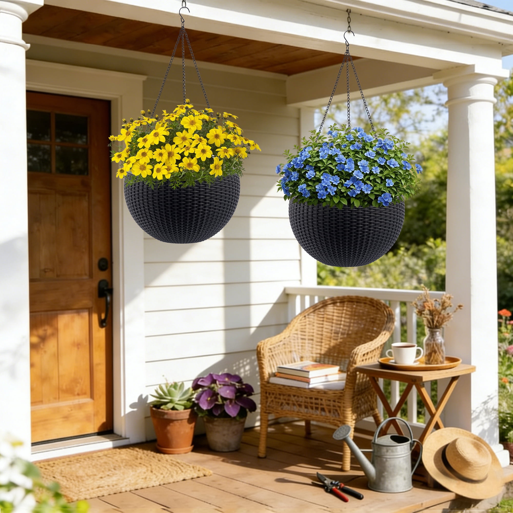 Vigo huseeo 2 Pack Large Self-watering Hanging Planters for Indoor & Outdoor Plants , Resin Rattan Pot for Home, Office and Garden, Black