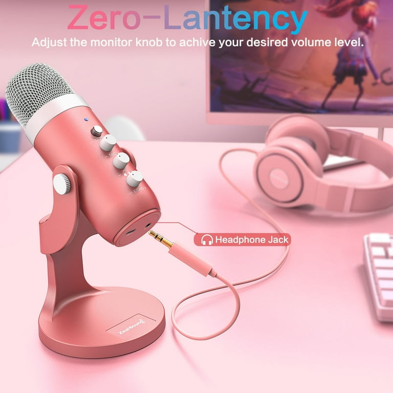 ZealSound Pink USB Gaming Microphone K66 with Quick Mute, Gain