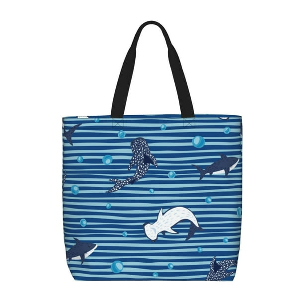 Easygdp Sharks on White Blue Striped Bolsa Tote para Mujer, Bolso de Hombro para Trabajo, Playa, Viajes, Compras y Supermercado