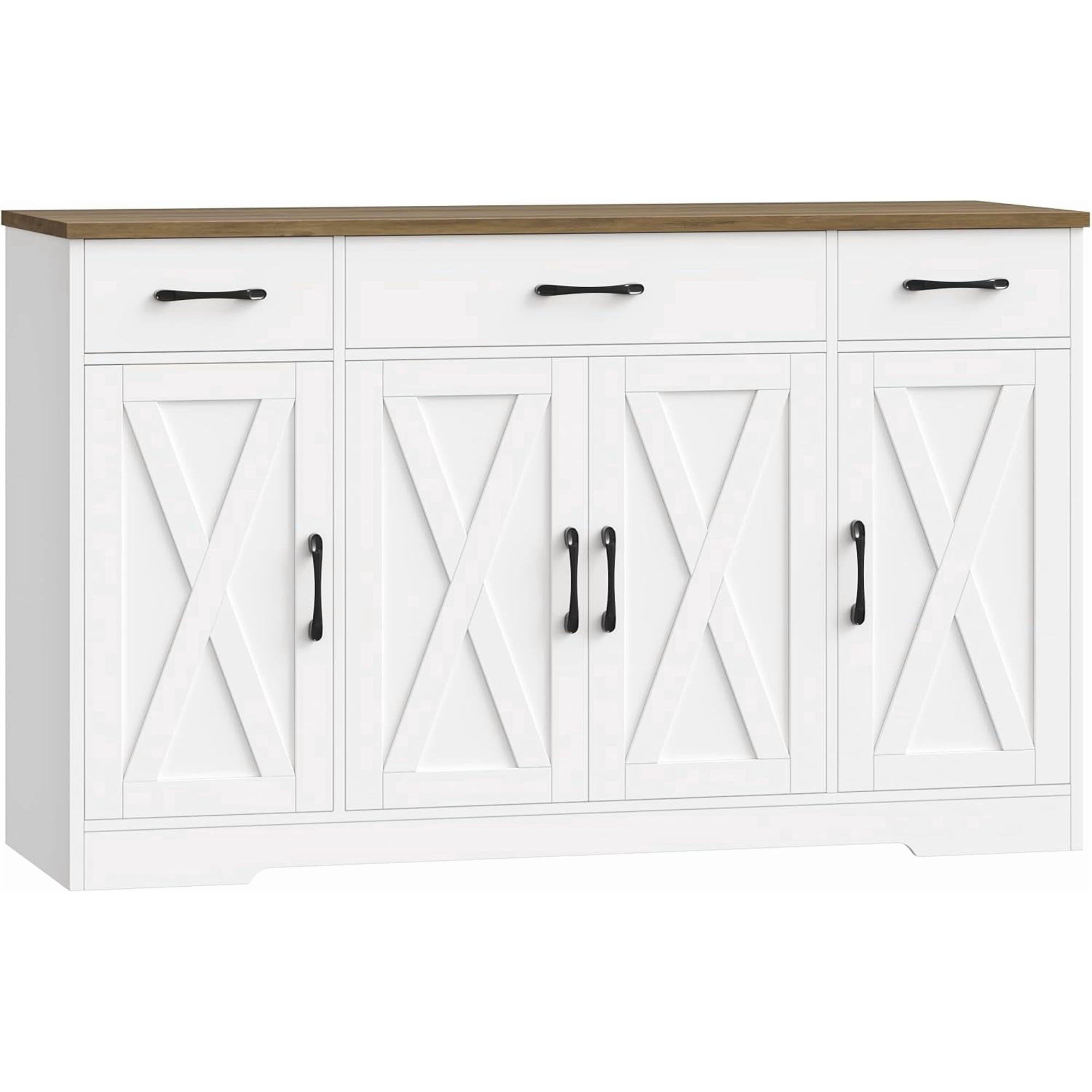 Kitchen Buffet Sideboard Storage Cabinet Coffee Bar Cabinet White | 55 W Farmhouse Kitchen Cabinet with Doors and Adjustable Shelves Buffet Cabinet with 3 Drawers for Dining Living Room