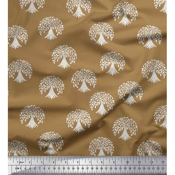 Soimoi Silk Fabric Tree Block Print Sewing Fabric Yard 42 Inch Wide