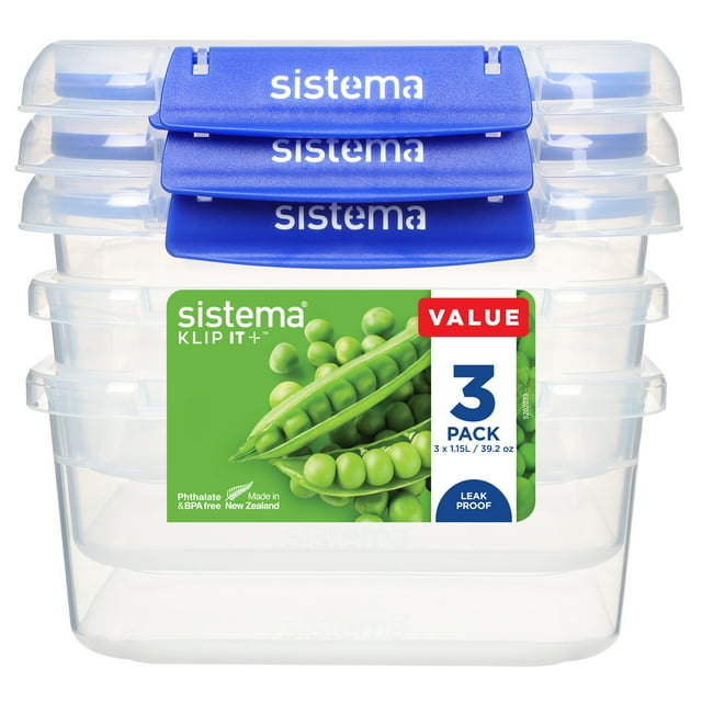 Stack of three clear Sistema KLIP IT PLUS food storage containers with blue easy-locking clips and a label showing green peas, highlighting 1.15 L capacity and leak-proof feature.