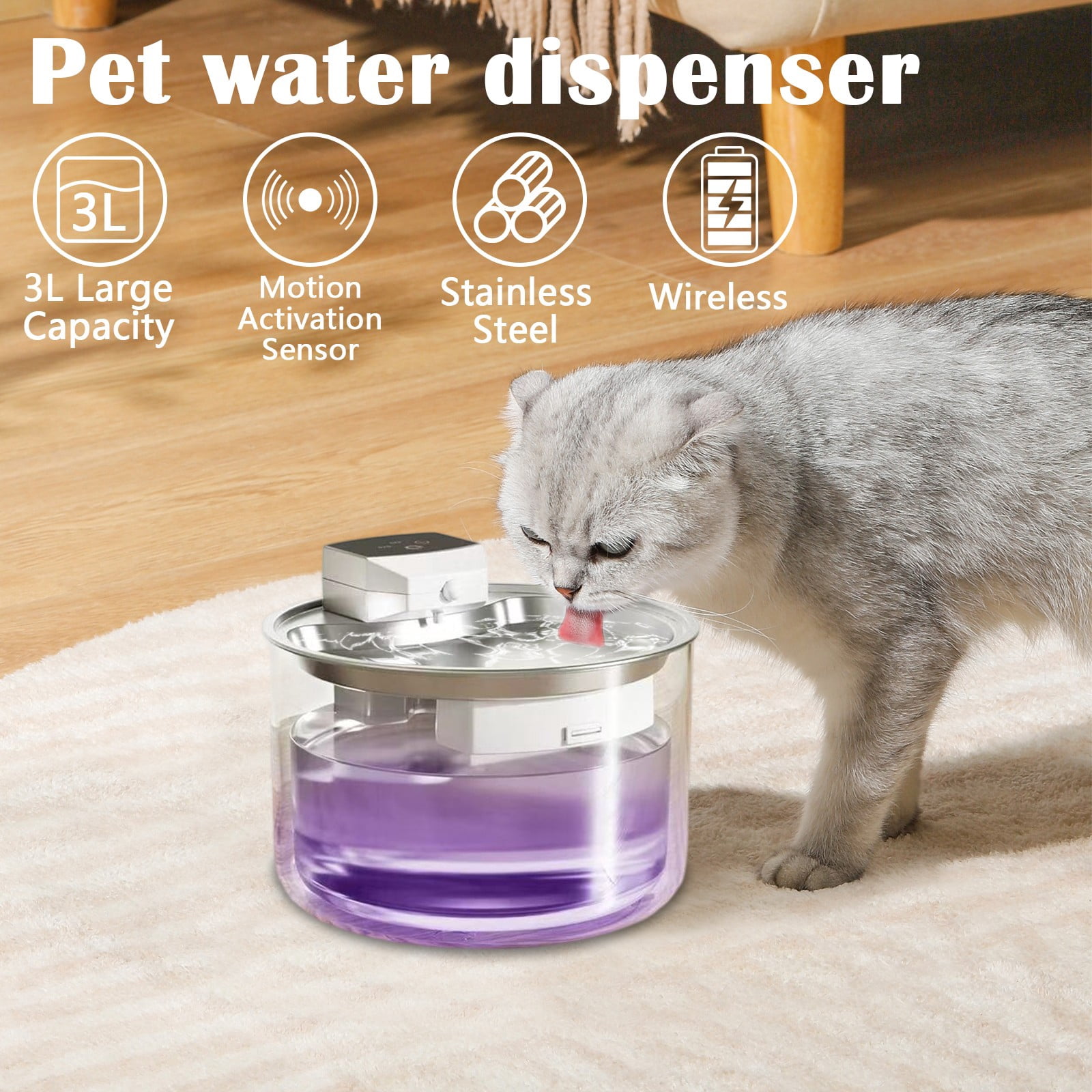 Stainless Steel Pet Water Fountain Wireless Automatic Cat Water Fountain with Filter Uv Sanitizer Motion Black 1 Pack for Cats and Dogs