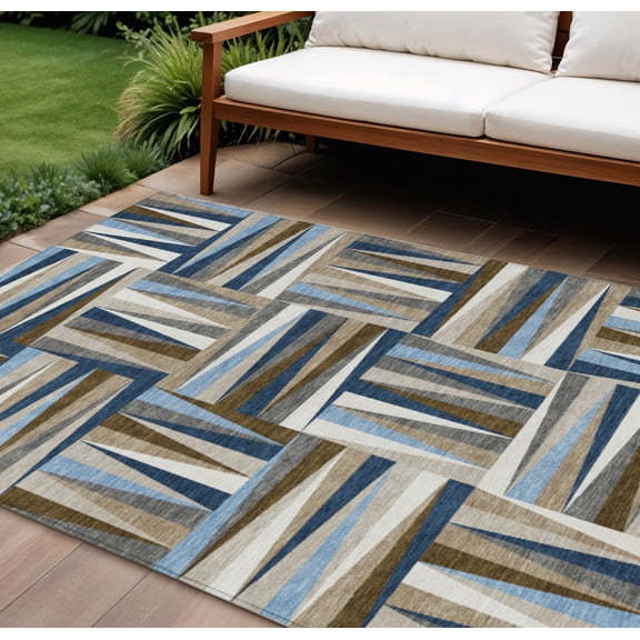 8' X 10' Navy Blue Brown And Beige Geometric Washable Indoor Outdoor Area Rug