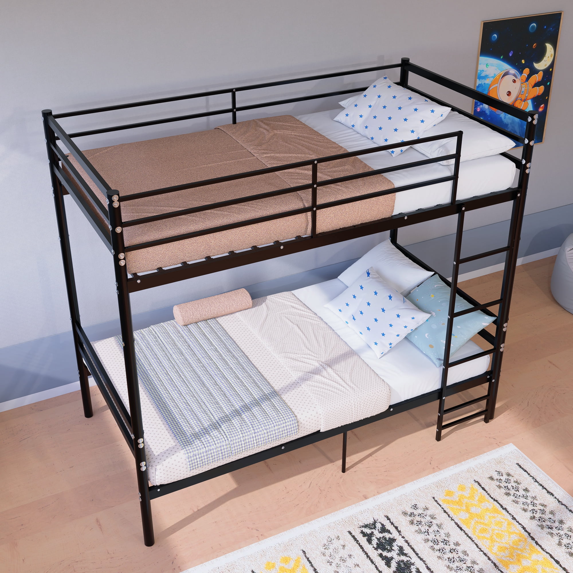 Leumius Twin Over Twin Metal Bunk Bed with 13.7 Inch High Safety Guardrail & Sturdy Ladder,Converts to 2 Beds,No Box Spring Needed,Black
