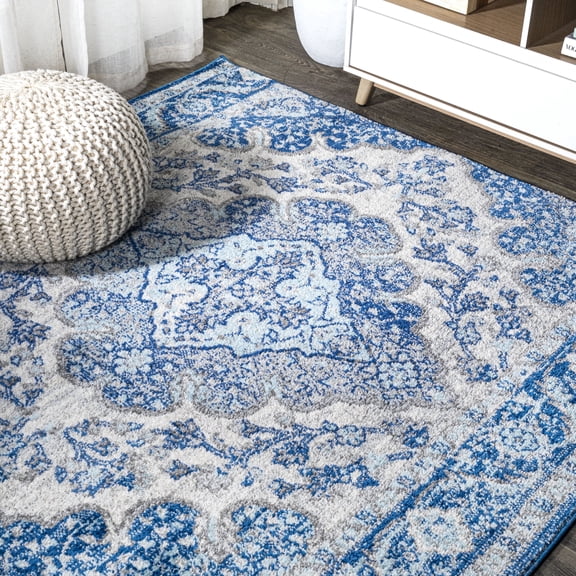 JONATHAN Y BOHEMIAN FLAIR 5' Square Area Rug, Vintage Medallion - Cream/Blue, BMF106B-5SQ