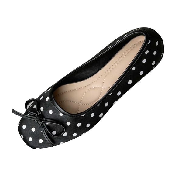 SuTry Women's Round Toe Flats Polka Dot Bow Detail Slip On Satin Finish Lightweight Comfortable Casual Walking Shoes(42)