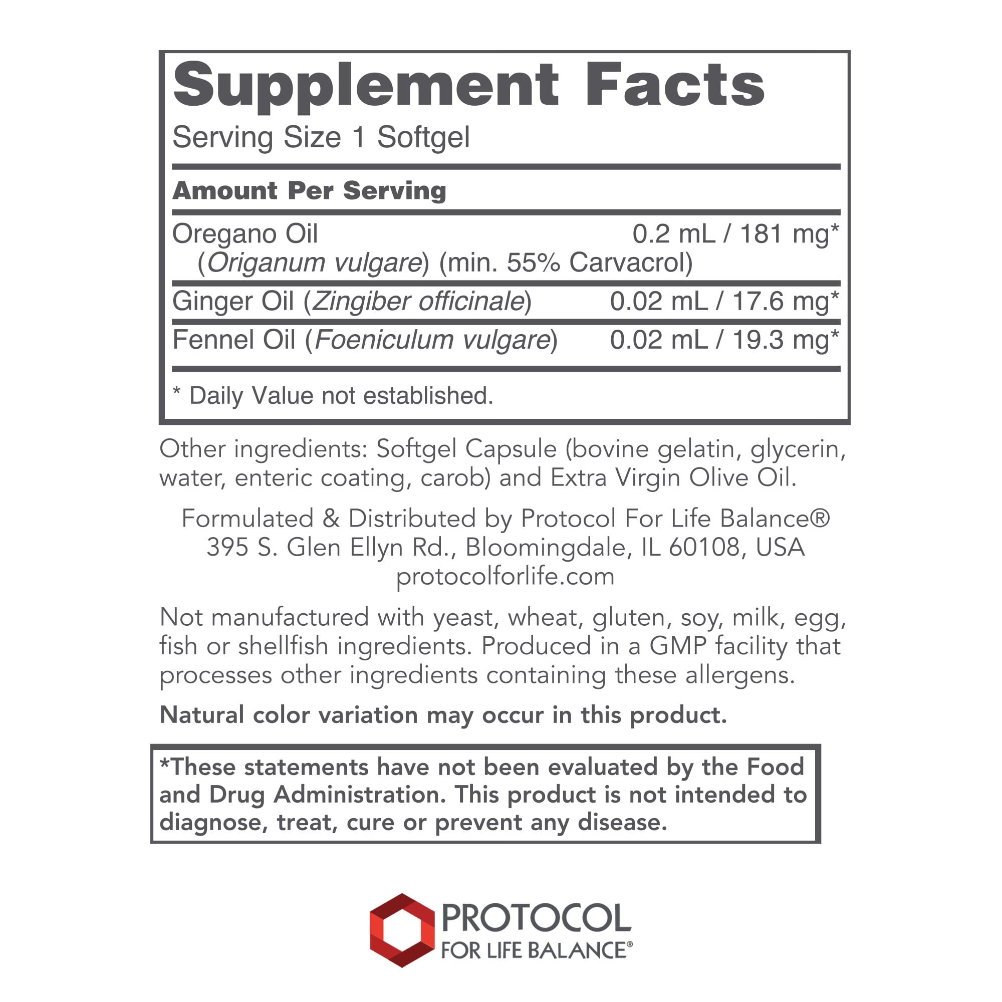 Protocol For Life Balance - Oregano Oil - with Ginger and Fennel Oil, Helps Provide Intestinal Support, Immune System Function - 90 Softgels