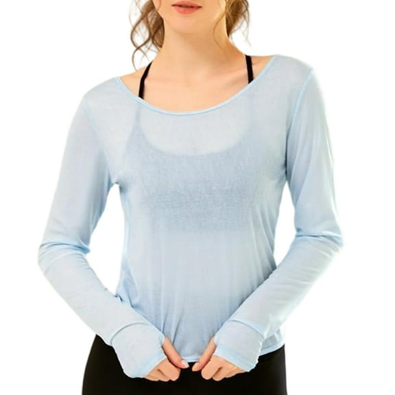 Huhudde Open Back Workout Cropped T-Shirt Stretchy Fabric Casual Clothing Long Sleeve Crewneck Sheer Tie Back Crop Top for Women