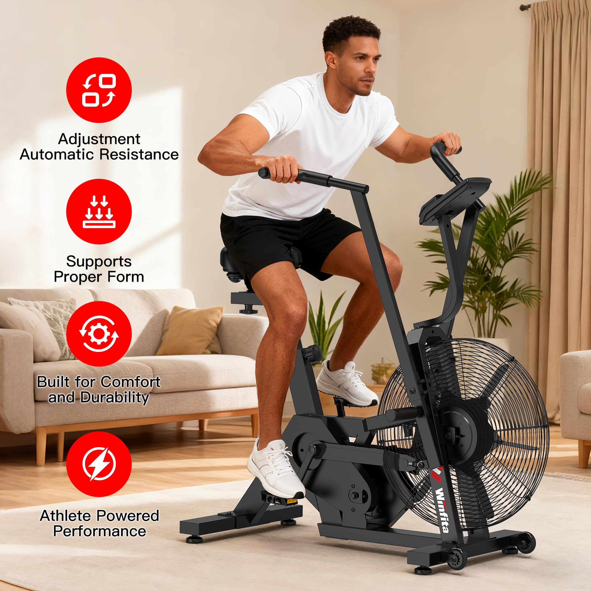 Winfita Commercial Built-in Bluetooth Air Bike, Adjustable Air Resistance with Dual-Action Handlebars, Heavy Duty Indoor Cycling Bike for Home Gym Traininning, 350lbs Arm/Leg Cardio Workout