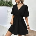 thumbnail image 4 of ZQUUVOU Women's Casual Solid Color Dress Double-Layer Chiffon Waist Cinched Short Sleeved V-Neck Dress Black, 4 of 7