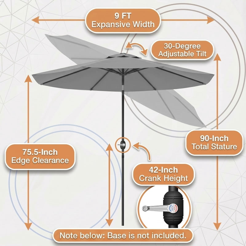Lacoo 9' Outdoor Patio Umbrella, Market Table Umbrella with Push Button Tilt, 8 Heavy-Duty Steel Ribs & Wind Vents, Gray