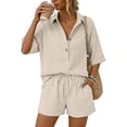 thumbnail image 2 of MuXiKeJi Clothes Linen Two Piece Set Women Shorts Lounge Wear Matching Fashion Short Sleeve Shirts And High Waist Shorts Summer Outfit, 2 of 8