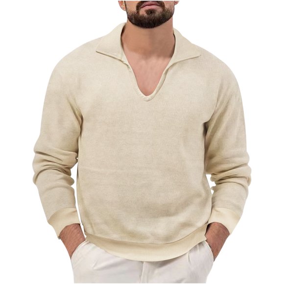 fartey Men V Neck Knitted Pullover Sweatshirt Casual Long Sleeve Lapel Knitwear Sweater Roomy Fit Solid Color Fall Winter Soft Touch Sweaters